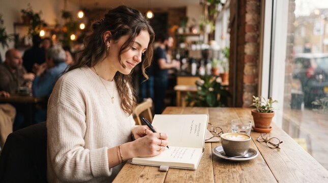 Young woman writing in journal at cozy coffee shop, creative student studying in cafe with latte, peaceful morning journaling and remote work lifestyle