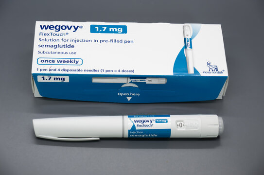 Wegovy 1.7 mg Semaglutide Injection Pen and Packaging Box Studio Shot