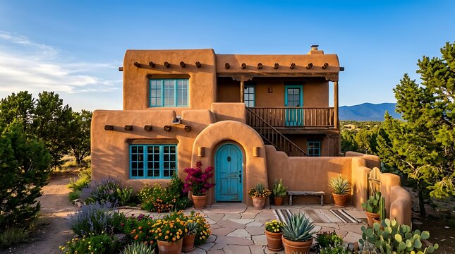 Southwestern style adobe house with blue door and plants