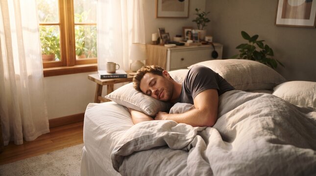 Peaceful man sleeping in cozy bedroom, young male resting in comfortable bed with morning sunlight, serene home atmosphere for wellness and health