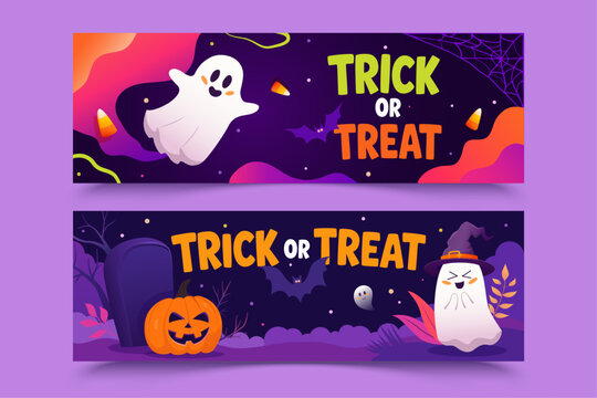 Halloween banner set with trick or treat lettering, cute ghosts, pumpkin, candy and spider webs. Festive Halloween illustration for seasonal celebration