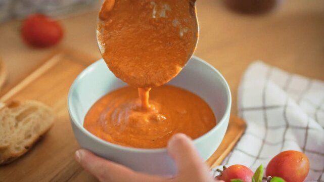 Homemade tomato soup. A housewife ladles hot soup into a bowl using a metal ladle on a wooden table. Fresh bread and tomatoes beside. Concept of warm domestic homemade meal