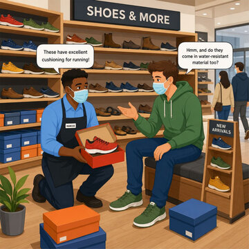 shoes store .epsA clean-line, modern flat vector illustration of the detailed shoe store scene depicted in image_2.png, designed as a comprehensive environment prompt. The style is a high-quality vect