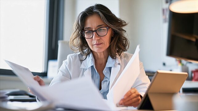 Oncology Research Coordinator Reviewing Case Documents Beside a Tablet