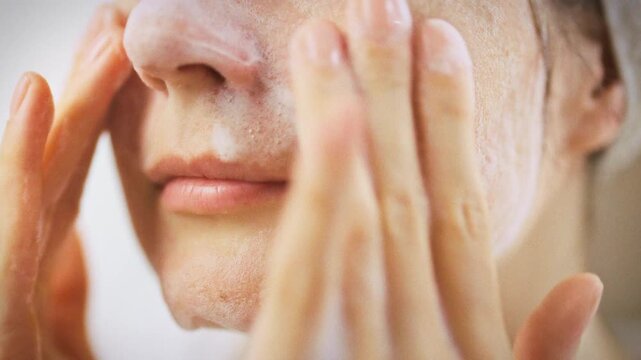 In a bright bathroom, a girl gently massages airy facial foam onto her face, cleansing her skin with soft circular strokes, part of her daily skincare ritual that leaves her complexion refreshed