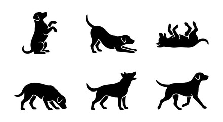 Obraz premium Dog Silhouettes Vector Set, Playful Canine Poses, Black Animal Icons for Pet Graphics