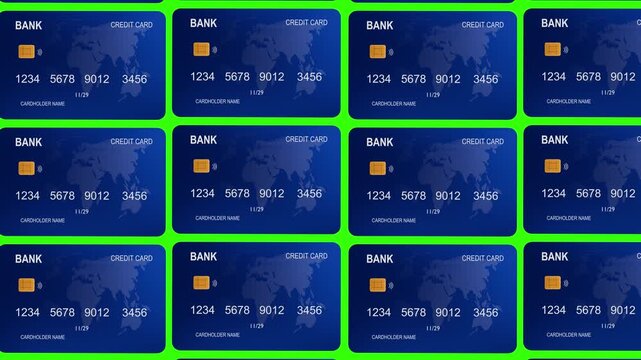 4K 3D credit card animation with rising and falling lines, banking finance payment technology concept on green screen background isolated