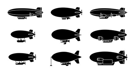 Airship Silhouette Collection, Vintage Blimp Icons, Retro Zeppelin Graphics, Transportation Set © MD