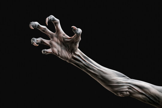 Two decayed zombie hands reaching upward with claw-like nails, Halloween horror portrait