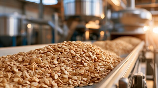 Oats moving along a conveyor belt in a food processing facility during the afternoon