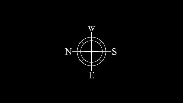 Minimalist compass rose animation on black background: navigation and direction concept orientation north