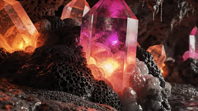 Luminous Crystals Glow Inside Dark Cave Sparkling Water Abstract Nature Background