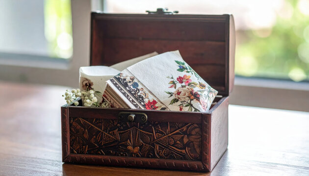 Antique carved wooden treasure chest filled with ornate floral fabrics and vintage scrolls, a rich keepsake box for treasured memories