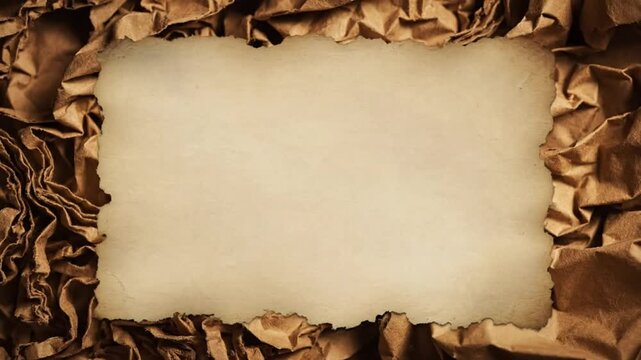 Closeup shot of a blank textured antique paper surrounded by crumpled brown paper for a vintage aesthetic
