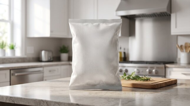 White blank snack bag mockup standing on a kitchen counter for food packaging design