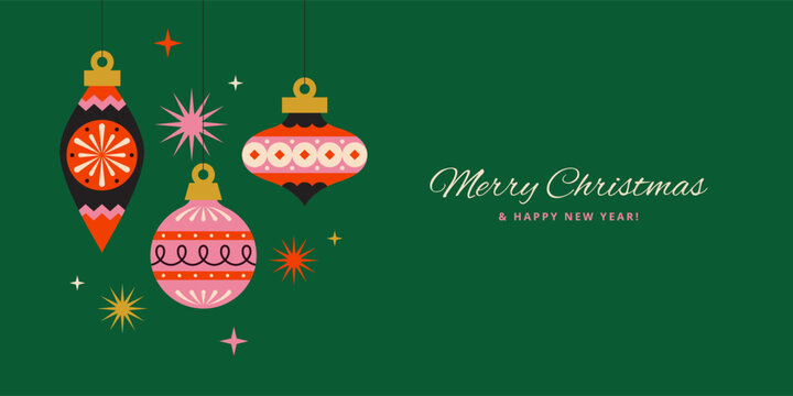 Christmas banner or greeting card design with hanging colorful retro style ornaments on green background.