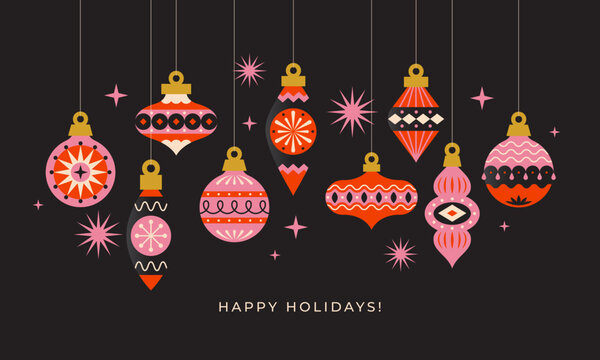 Christmas banner or greeting card design with hanging colorful retro style ornaments on black background.