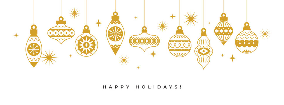 Wide Christmas banner or greeting card design with golden retro style ornaments. Festive background.