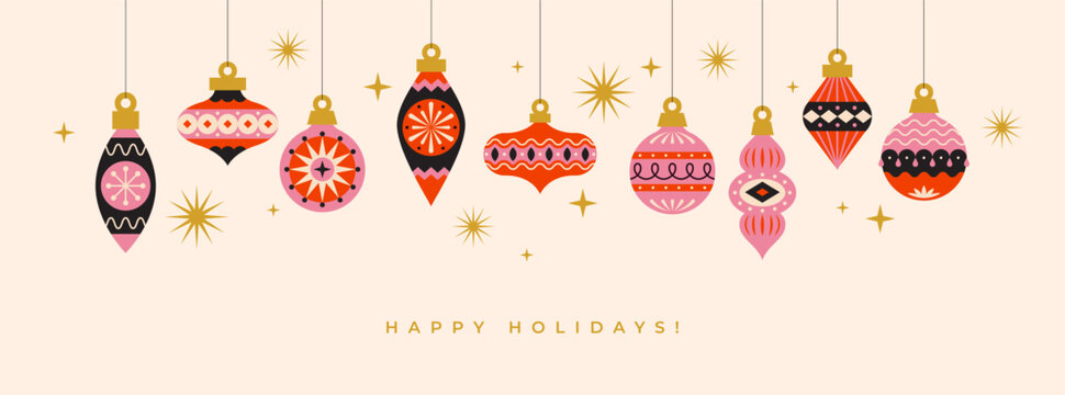Horizontal Christmas banner or greeting card design with colorful hanging retro style ornaments. Festive background.