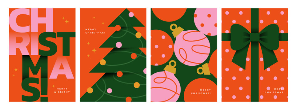 Set of four Christmas posters, banners or greeting cards design with ornaments, Christmas tree and bow on a gift box.