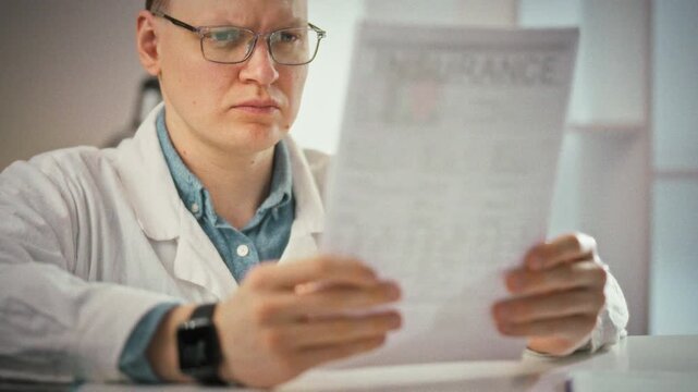 In bright, sterile office, doctor wearing glasses carefully examines patient's insurance policy and medical records, reviewing each detail with focused attention as part of routine intake procedures