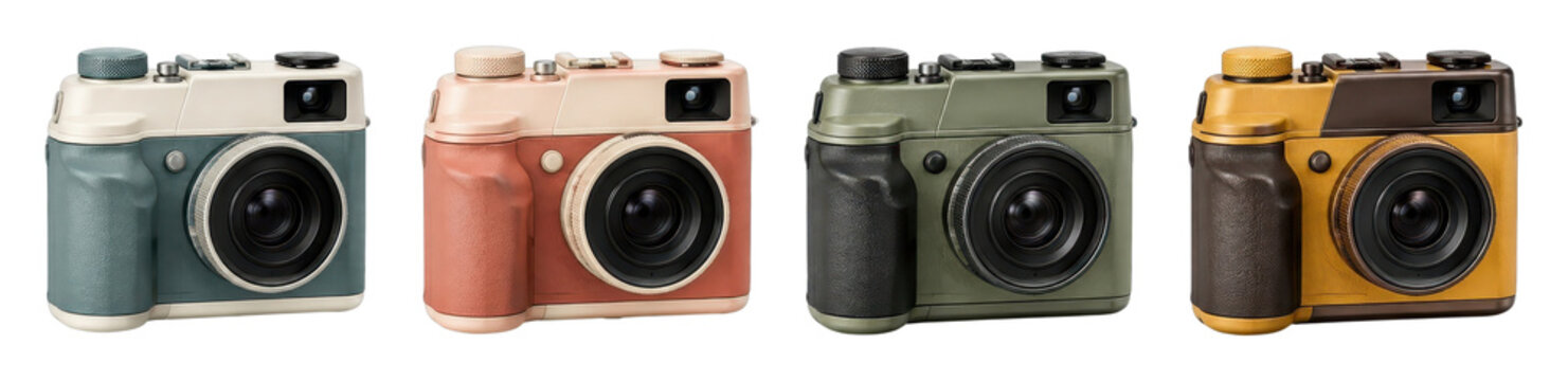 PNG Four colorful vintage cameras isolated on a white background