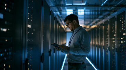 Fototapeta premium Data Center Technician Checking Server Racks With A Tablet, Blue Ambient Lighting, Blue Hour Twilight Glow, Wide-Angle 24mm Lens, Expansive View, Cool Muted Blue-Gray Palette, Photorealistic