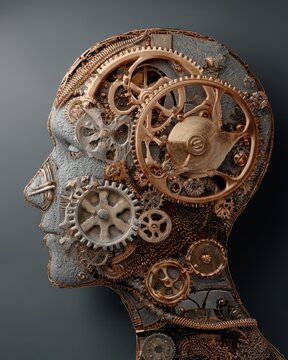 Side view of mechanical human head filled with bronze gear and cogwheel. Artificial intelligence and steampunk brain engineering. Future technology automation and innovation concept system