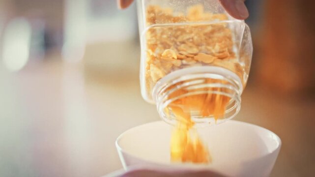 In home kitchen, woman's hands carefully pour yellow cornflakes into clean white bowl, preparing a nutritious breakfast. This simple act embodies the concept of healthy eating and mindful health care