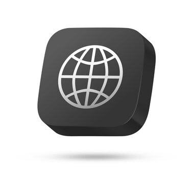 3D dark rounded square button with globe symbol for web app UI
