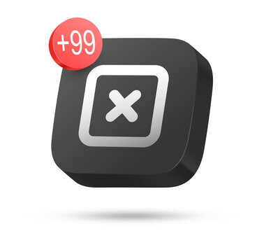 3D dark rounded square button with cross mark symbol and plus 99 notification badge
