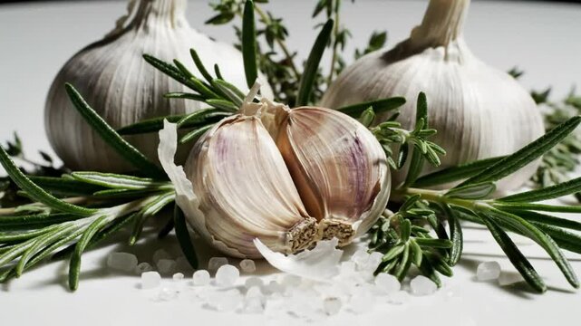 Close up view of fresh garlic heads with rosemary sprigs and sea salt crystals on a white surface