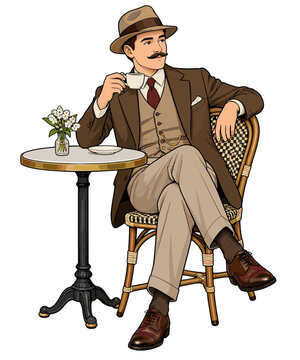 Vintage Gentleman Drinking Coffee at Outdoor Cafe Table Vector Illustration