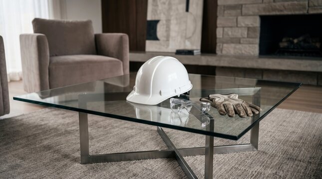 White hard hat sits beside clear protective goggles and leather work gloves placed on a modern glass top coffee table