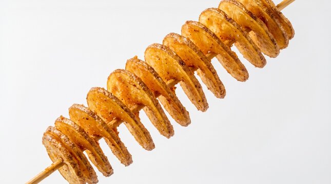 Golden spiral‑cut tornado potato on wooden skewer against white background, crisp texture and symmetry, symbolizing creative street food design and culinary innovation&hellip;