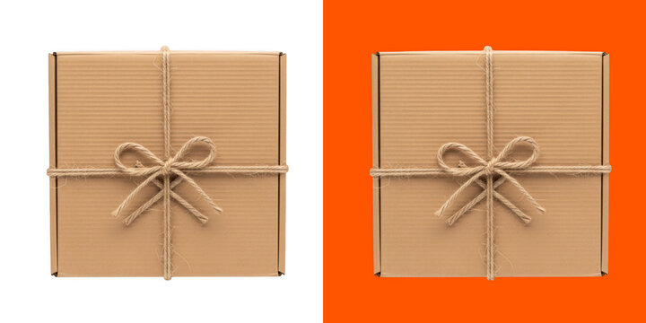 Square Brown Cardboard Gift Box Tied With Natural Jute String png