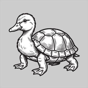 Surreal hybrid animal featuring a duck head on a turtle shell body vector illustration in a vintage hand drawn style for whimsical fantasy art projects and creative creature design