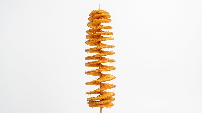 Golden spiral‑cut tornado potato on wooden skewer against white background, crisp texture and symmetry, symbolizing creative street food design and culinary innovation&hellip;