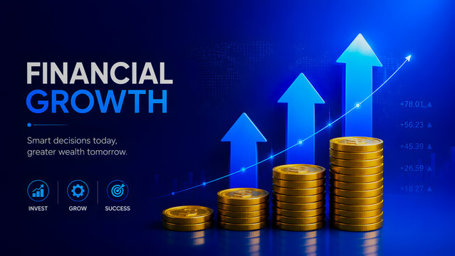 Golden coin stacks arranged in increasing heights represent exponential financial growth and economic success on a deep blue background with glowing upward pointing arrows and digital stock market dat