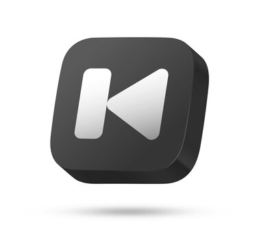3D black rounded square button with white previous track symbol for media player concept
