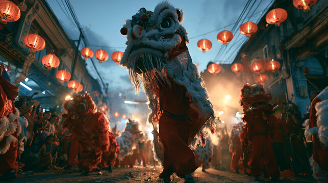 Dragon Dance Performers Parading Through A Decorated Street Celebration, Blue Hour Twilight Glow, Wide-Angle 24mm Lens, Expansive View, Cool Muted Blue-Gray Palette, Photorealistic