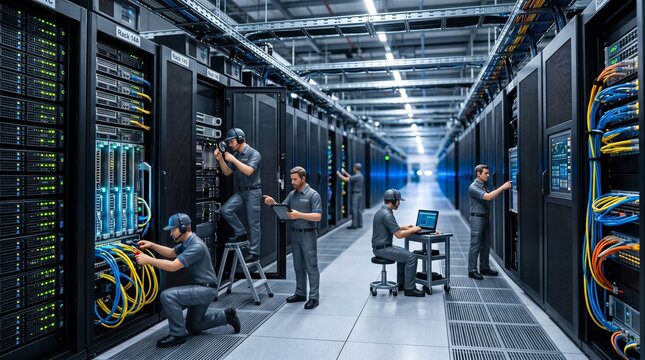 Skilled technicians perform critical maintenance on high density server hardware racks using professional tools inside a modern industrial data center
