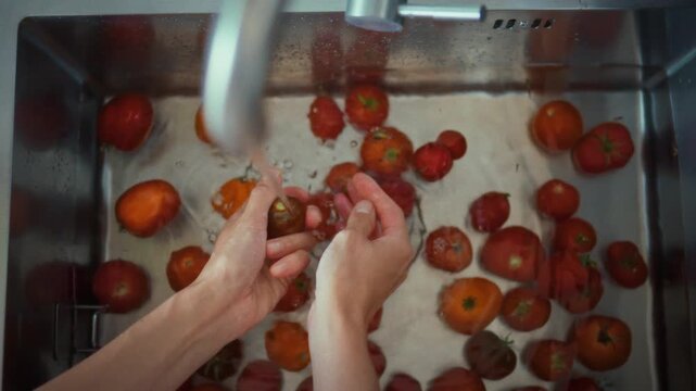 Overhead view of a woman carefully washing organic yellow and red tomatoes in a steel kitchen sink under running water in daylight. Theme of fresh seasonal produce and vegetable preparation