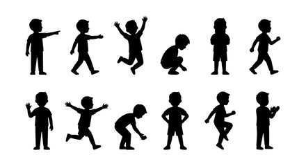 Obraz premium Children Silhouettes, Kids Actions Collection, Playful Poses Vector Set, Childhood Fun