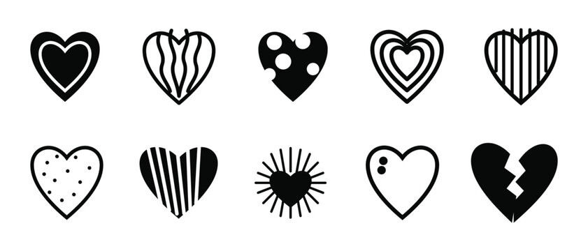 Collection of hand drawn black and white heart shapes with unique patterns