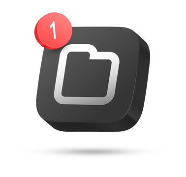 3D black rounded square button with white folder outline symbol and red 1 notification badge for file alert
