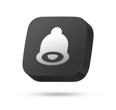 3D black rounded square button with white bell symbol for notification, alarm or alert concept
