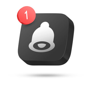 3D black rounded square button with white bell symbol and red 1 notification badge for alert concept
