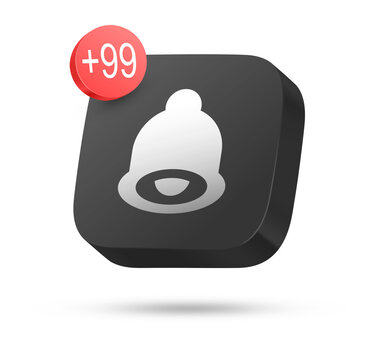 3D black rounded square button with white bell symbol and red +99 notification badge for alert concept
