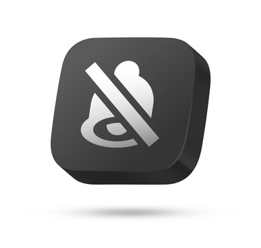 3D black rounded square button with white crossed bell symbol for notification off, mute or silent mode concept
